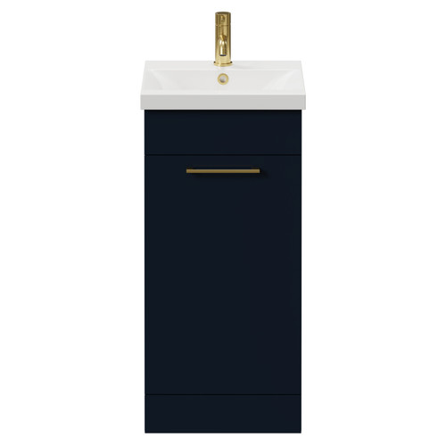 Napoli Deep Blue 400mm Floor Standing Vanity Unit with 1 Tap Hole Glide Basin and Single Door with Brushed Brass Handle View from Front