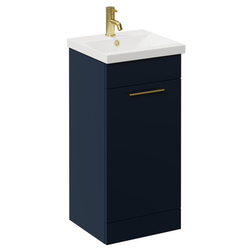 Napoli Deep Blue 400mm Floor Standing Vanity Unit with 1 Tap Hole Glide Basin and Single Door with Brushed Brass Handle Left Hand View