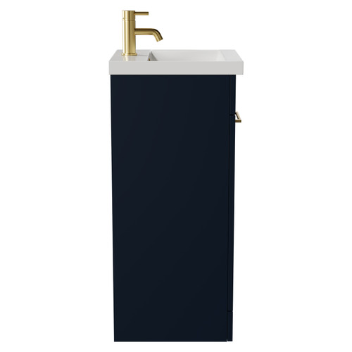 Napoli Deep Blue 400mm Floor Standing Vanity Unit with 1 Tap Hole Glide Basin and Single Door with Brushed Brass Handle View from Side