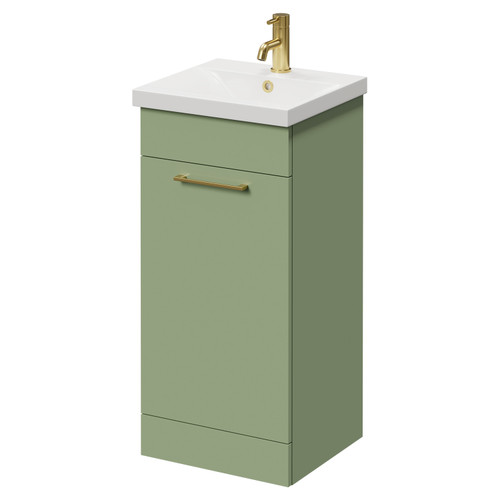 Napoli Olive Green 400mm Floor Standing Vanity Unit with 1 Tap Hole Glide Basin and Single Door with Brushed Brass Handle Right Hand View