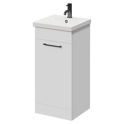 Napoli Gloss White 400mm Floor Standing Vanity Unit with 1 Tap Hole Glide Basin and Single Door with Gunmetal Grey Handle Right Hand View