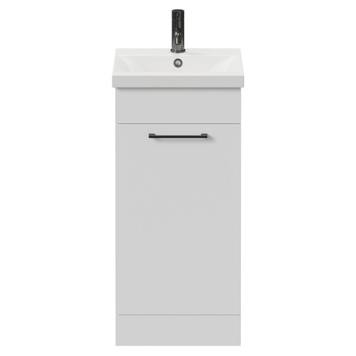 Napoli Gloss White 400mm Floor Standing Vanity Unit with 1 Tap Hole Glide Basin and Single Door with Gunmetal Grey Handle View from Front
