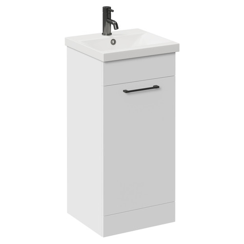 Napoli Gloss White 400mm Floor Standing Vanity Unit with 1 Tap Hole Glide Basin and Single Door with Gunmetal Grey Handle Left Hand View