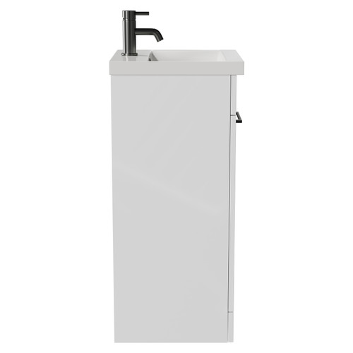 Napoli Gloss White 400mm Floor Standing Vanity Unit with 1 Tap Hole Glide Basin and Single Door with Gunmetal Grey Handle View from Side