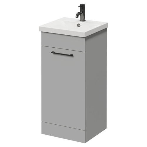 Napoli Gloss Grey Pearl 400mm Floor Standing Vanity Unit with 1 Tap Hole Glide Basin and Single Door with Gunmetal Grey Handle Right Hand View