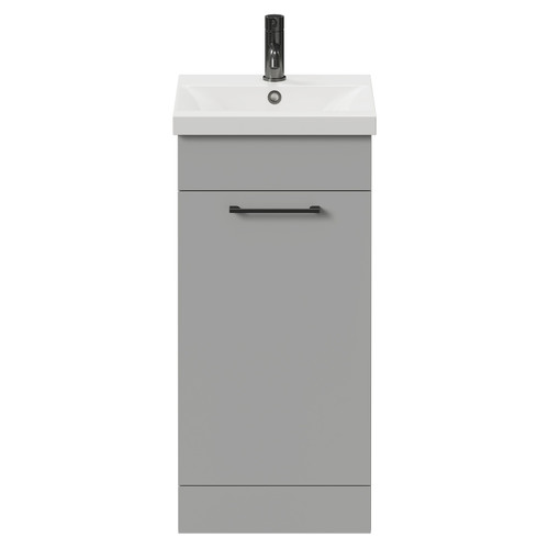 Napoli Gloss Grey Pearl 400mm Floor Standing Vanity Unit with 1 Tap Hole Glide Basin and Single Door with Gunmetal Grey Handle View from Front