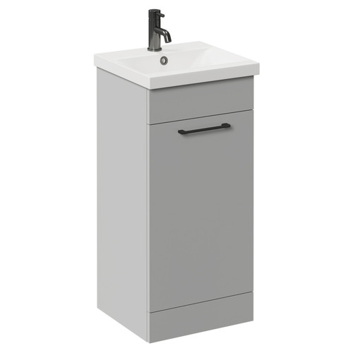 Napoli Gloss Grey Pearl 400mm Floor Standing Vanity Unit with 1 Tap Hole Glide Basin and Single Door with Gunmetal Grey Handle Left Hand View
