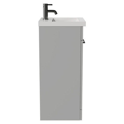 Napoli Gloss Grey Pearl 400mm Floor Standing Vanity Unit with 1 Tap Hole Glide Basin and Single Door with Gunmetal Grey Handle View from Side