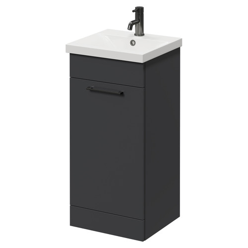 Napoli Gloss Grey 400mm Floor Standing Vanity Unit with 1 Tap Hole Glide Basin and Single Door with Gunmetal Grey Handle Right Hand View