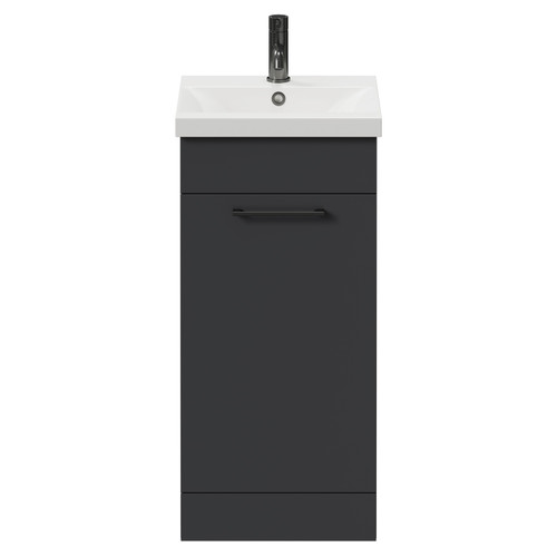 Napoli Gloss Grey 400mm Floor Standing Vanity Unit with 1 Tap Hole Glide Basin and Single Door with Gunmetal Grey Handle View from Front