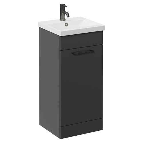 Napoli Gloss Grey 400mm Floor Standing Vanity Unit with 1 Tap Hole Glide Basin and Single Door with Gunmetal Grey Handle Left Hand View