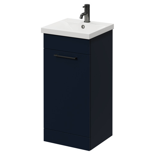Napoli Deep Blue 400mm Floor Standing Vanity Unit with 1 Tap Hole Glide Basin and Single Door with Gunmetal Grey Handle Right Hand View