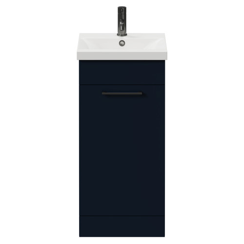 Napoli Deep Blue 400mm Floor Standing Vanity Unit with 1 Tap Hole Glide Basin and Single Door with Gunmetal Grey Handle View from Front