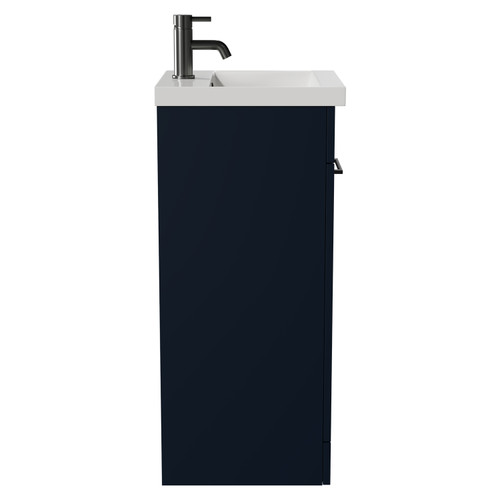 Napoli Deep Blue 400mm Floor Standing Vanity Unit with 1 Tap Hole Glide Basin and Single Door with Gunmetal Grey Handle View from Side