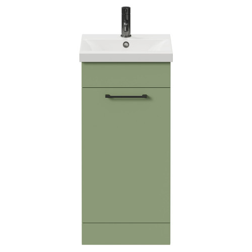 Napoli Olive Green 400mm Floor Standing Vanity Unit with 1 Tap Hole Glide Basin and Single Door with Gunmetal Grey Handle View from Front