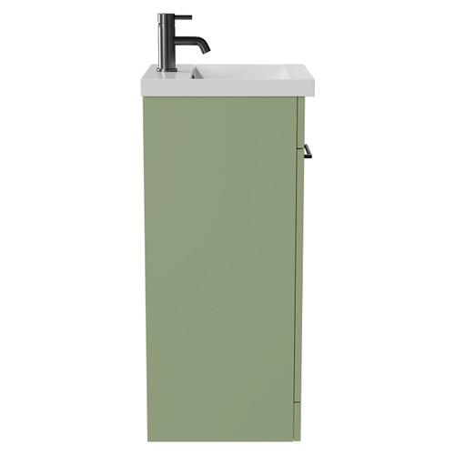 Napoli Olive Green 400mm Floor Standing Vanity Unit with 1 Tap Hole Glide Basin and Single Door with Gunmetal Grey Handle View from Side