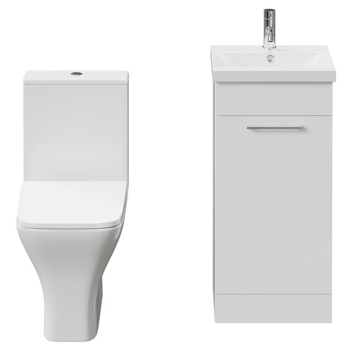 Napoli Gloss White 400mm Vanity Unit and Toilet Suite including Kingston Rimless Close Coupled Toilet and Floor Standing Vanity Unit with Single Door and Chrome Handle View from Front