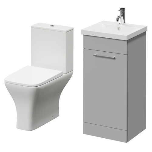 Napoli Gloss Grey Pearl 400mm Vanity Unit and Toilet Suite including Kingston Rimless Close Coupled Toilet and Floor Standing Vanity Unit with Single Door and Chrome Handle Right Hand View