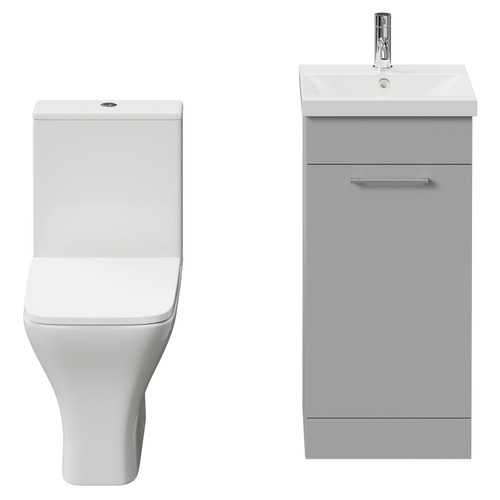 Napoli Gloss Grey Pearl 400mm Vanity Unit and Toilet Suite including Kingston Rimless Close Coupled Toilet and Floor Standing Vanity Unit with Single Door and Chrome Handle View from Front