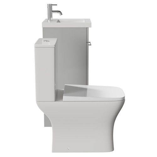 Napoli Gloss Grey Pearl 400mm Vanity Unit and Toilet Suite including Kingston Rimless Close Coupled Toilet and Floor Standing Vanity Unit with Single Door and Chrome Handle View from Side