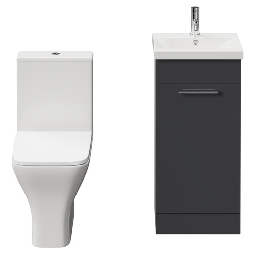 Napoli Gloss Grey 400mm Vanity Unit and Toilet Suite including Kingston Rimless Close Coupled Toilet and Floor Standing Vanity Unit with Single Door and Chrome Handle View from Front