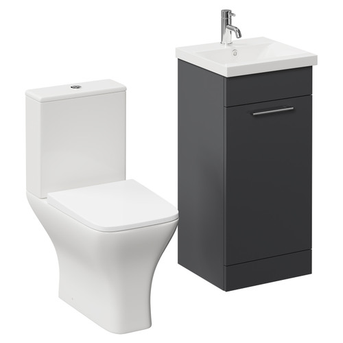 Napoli Gloss Grey 400mm Vanity Unit and Toilet Suite including Kingston Rimless Close Coupled Toilet and Floor Standing Vanity Unit with Single Door and Chrome Handle Left Hand View