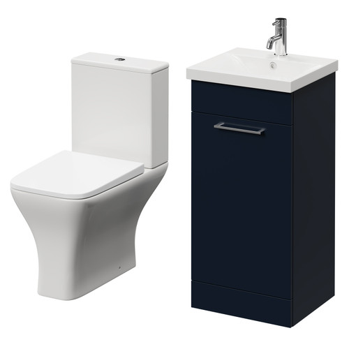 Napoli Deep Blue 400mm Vanity Unit and Toilet Suite including Kingston Rimless Close Coupled Toilet and Floor Standing Vanity Unit with Single Door and Chrome Handle Right Hand View