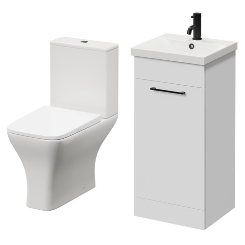 Napoli Gloss White 400mm Vanity Unit and Toilet Suite including Kingston Rimless Close Coupled Toilet and Floor Standing Vanity Unit with Single Door and Matt Black Handle Right Hand View
