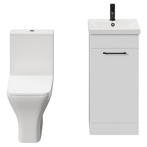 Napoli Gloss White 400mm Vanity Unit and Toilet Suite including Kingston Rimless Close Coupled Toilet and Floor Standing Vanity Unit with Single Door and Matt Black Handle View from Front