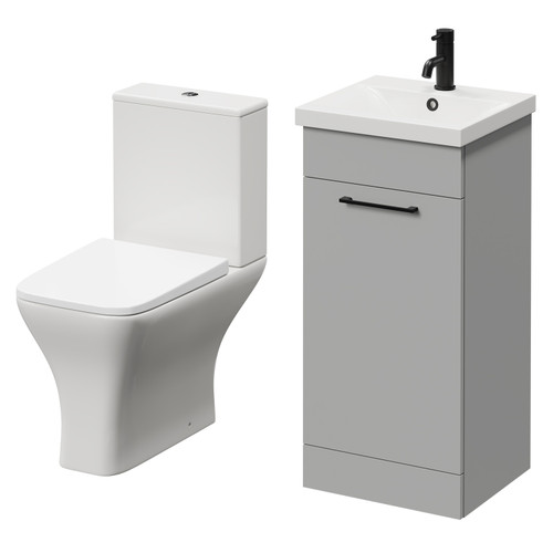 Napoli Gloss Grey Pearl 400mm Vanity Unit and Toilet Suite including Kingston Rimless Close Coupled Toilet and Floor Standing Vanity Unit with Single Door and Matt Black Handle Right Hand View