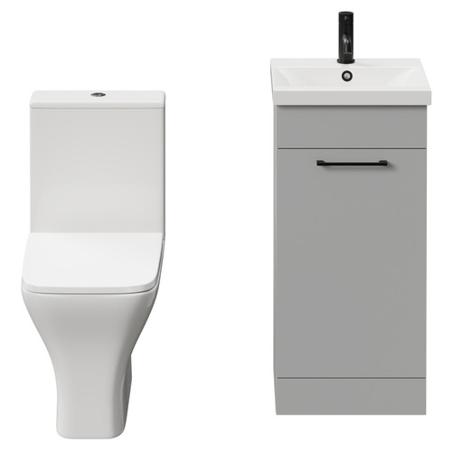 Napoli Gloss Grey Pearl 400mm Vanity Unit and Toilet Suite including Kingston Rimless Close Coupled Toilet and Floor Standing Vanity Unit with Single Door and Matt Black Handle View from Front