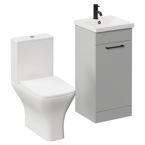 Napoli Gloss Grey Pearl 400mm Vanity Unit and Toilet Suite including Kingston Rimless Close Coupled Toilet and Floor Standing Vanity Unit with Single Door and Matt Black Handle Left Hand View