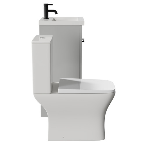 Napoli Gloss Grey Pearl 400mm Vanity Unit and Toilet Suite including Kingston Rimless Close Coupled Toilet and Floor Standing Vanity Unit with Single Door and Matt Black Handle View from Side