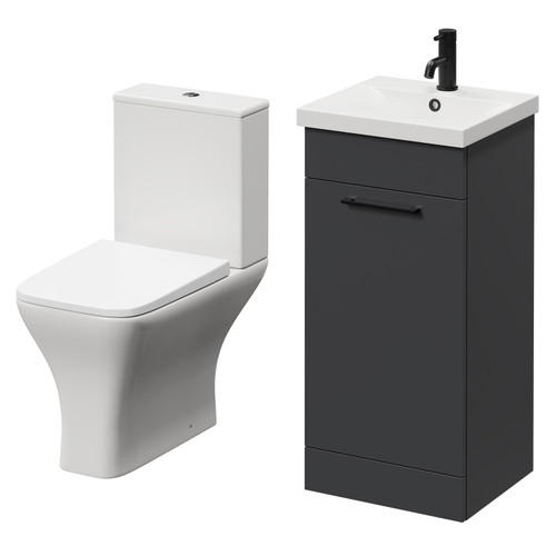 Napoli Gloss Grey 400mm Vanity Unit and Toilet Suite including Kingston Rimless Close Coupled Toilet and Floor Standing Vanity Unit with Single Door and Matt Black Handle Right Hand View