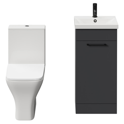Napoli Gloss Grey 400mm Vanity Unit and Toilet Suite including Kingston Rimless Close Coupled Toilet and Floor Standing Vanity Unit with Single Door and Matt Black Handle View from Front