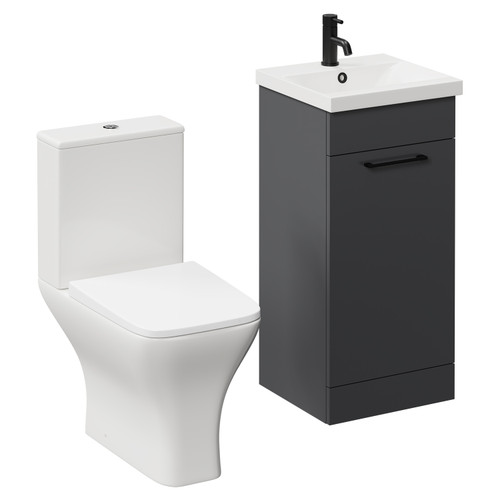 Napoli Gloss Grey 400mm Vanity Unit and Toilet Suite including Kingston Rimless Close Coupled Toilet and Floor Standing Vanity Unit with Single Door and Matt Black Handle Left Hand View