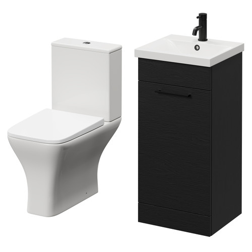 Napoli Nero Oak 400mm Vanity Unit and Toilet Suite including Kingston Rimless Close Coupled Toilet and Floor Standing Vanity Unit with Single Door and Matt Black Handle Right Hand View