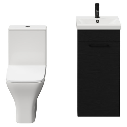 Napoli Nero Oak 400mm Vanity Unit and Toilet Suite including Kingston Rimless Close Coupled Toilet and Floor Standing Vanity Unit with Single Door and Matt Black Handle View from Front