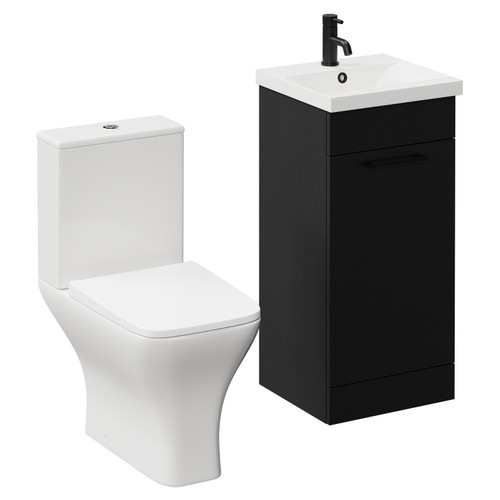 Napoli Nero Oak 400mm Vanity Unit and Toilet Suite including Kingston Rimless Close Coupled Toilet and Floor Standing Vanity Unit with Single Door and Matt Black Handle Left Hand View