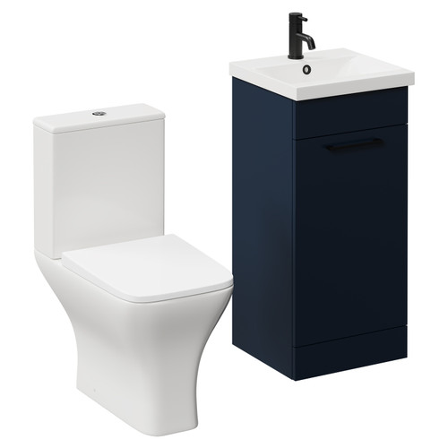 Napoli Deep Blue 400mm Vanity Unit and Toilet Suite including Kingston Rimless Close Coupled Toilet and Floor Standing Vanity Unit with Single Door and Matt Black Handle Left Hand View