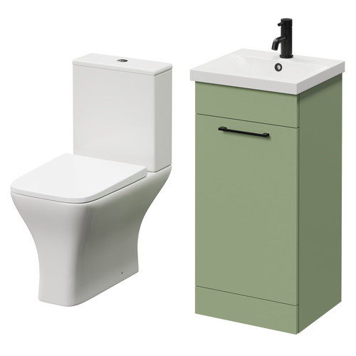 Napoli Olive Green 400mm Vanity Unit and Toilet Suite including Kingston Rimless Close Coupled Toilet and Floor Standing Vanity Unit with Single Door and Matt Black Handle Right Hand View