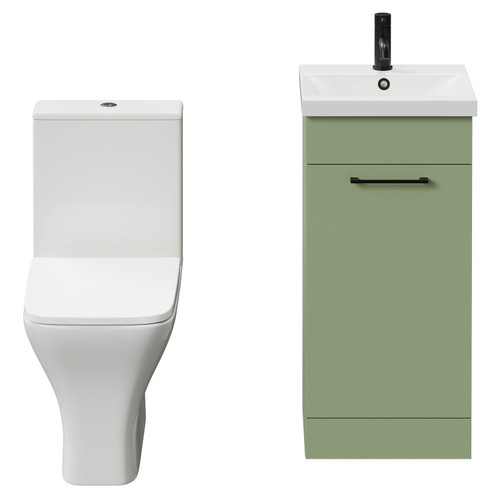 Napoli Olive Green 400mm Vanity Unit and Toilet Suite including Kingston Rimless Close Coupled Toilet and Floor Standing Vanity Unit with Single Door and Matt Black Handle View from Front