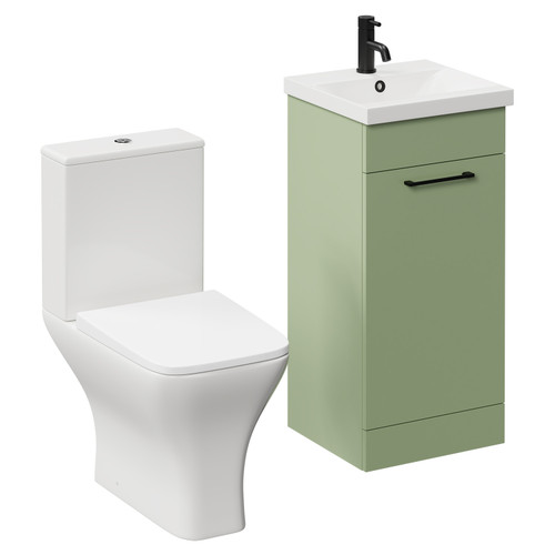 Napoli Olive Green 400mm Vanity Unit and Toilet Suite including Kingston Rimless Close Coupled Toilet and Floor Standing Vanity Unit with Single Door and Matt Black Handle Left Hand View