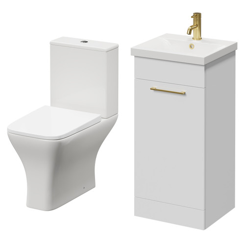 Napoli Gloss White 400mm Vanity Unit and Toilet Suite including Kingston Rimless Close Coupled Toilet and Floor Standing Vanity Unit with Single Door and Brushed Brass Handle Right Hand View