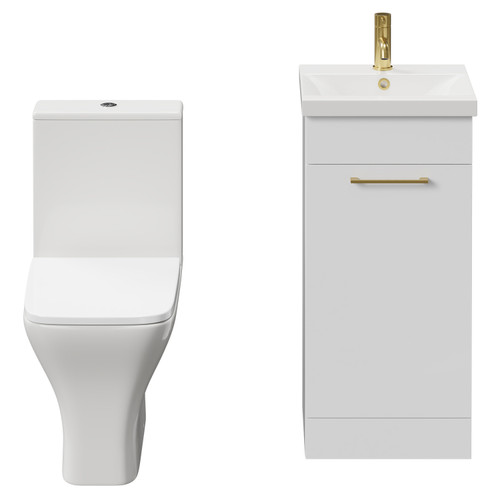 Napoli Gloss White 400mm Vanity Unit and Toilet Suite including Kingston Rimless Close Coupled Toilet and Floor Standing Vanity Unit with Single Door and Brushed Brass Handle View from Front