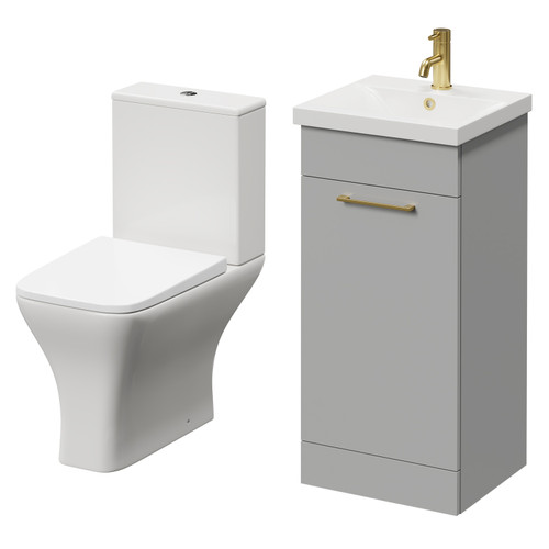 Napoli Gloss Grey Pearl 400mm Vanity Unit and Toilet Suite including Kingston Rimless Close Coupled Toilet and Floor Standing Vanity Unit with Single Door and Brushed Brass Handle Right Hand View