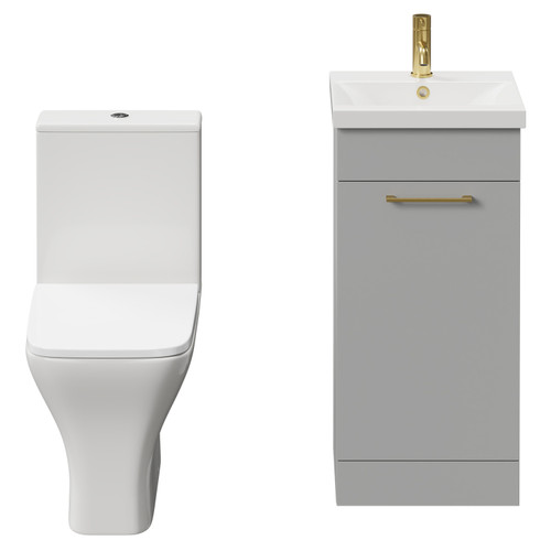 Napoli Gloss Grey Pearl 400mm Vanity Unit and Toilet Suite including Kingston Rimless Close Coupled Toilet and Floor Standing Vanity Unit with Single Door and Brushed Brass Handle View from Front