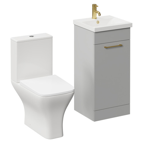 Napoli Gloss Grey Pearl 400mm Vanity Unit and Toilet Suite including Kingston Rimless Close Coupled Toilet and Floor Standing Vanity Unit with Single Door and Brushed Brass Handle Left Hand View