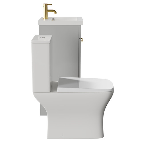 Napoli Gloss Grey Pearl 400mm Vanity Unit and Toilet Suite including Kingston Rimless Close Coupled Toilet and Floor Standing Vanity Unit with Single Door and Brushed Brass Handle View from Side