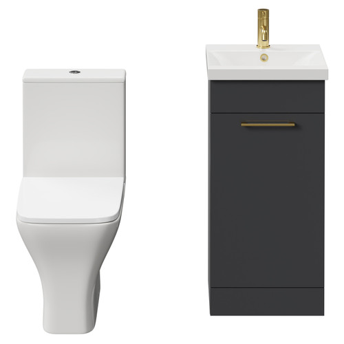 Napoli Gloss Grey 400mm Vanity Unit and Toilet Suite including Kingston Rimless Close Coupled Toilet and Floor Standing Vanity Unit with Single Door and Brushed Brass Handle View from Front